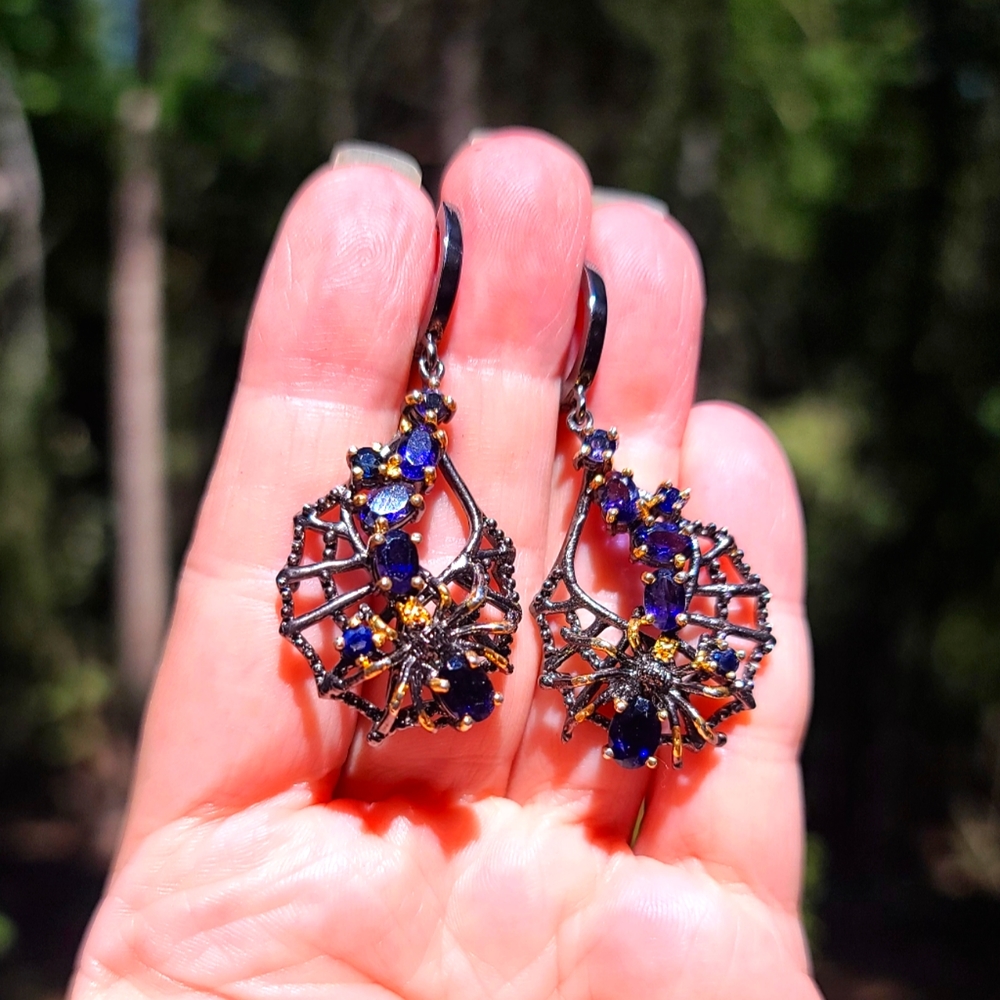 Sapphire & Lolite Sterling & Gold Spiderweb 🕸 Earrings